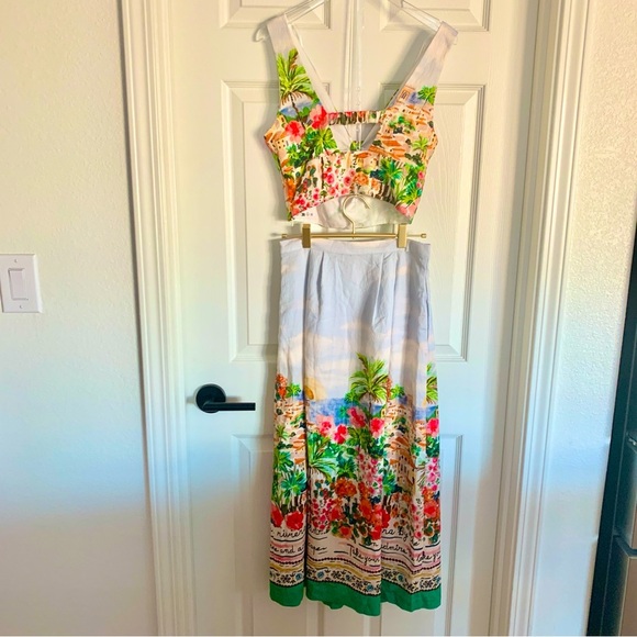 🌴 ZARA Printed Knot Top Midi Skirt Set Colorful Vibrant Art Scenery Print XS - Picture 8 of 16
